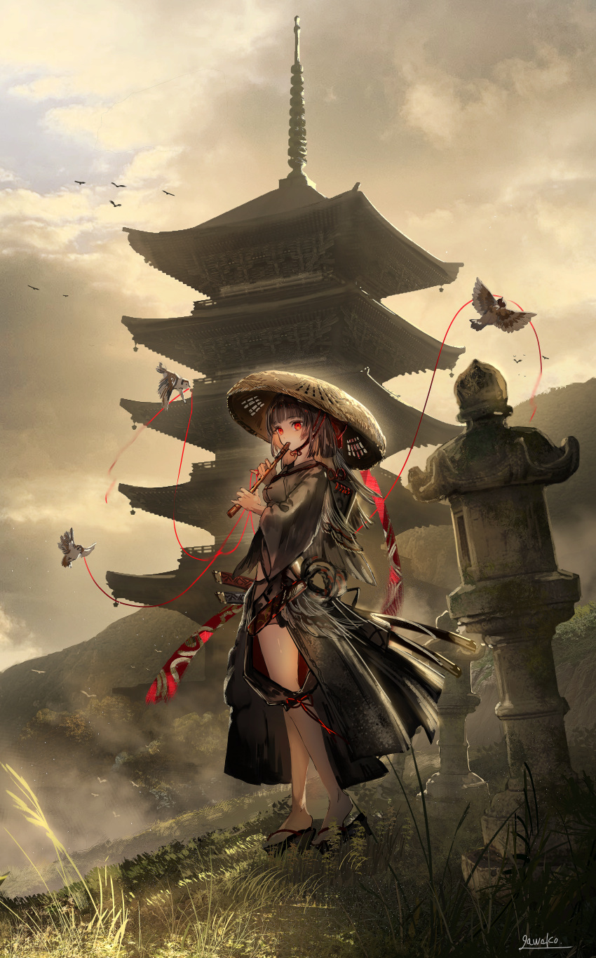 1girl absurdres bird black_cloak brown_hair cloak cloud cloudy_sky commentary_request contrapposto flute gawako grass highres hime_cut instrument katana long_hair mountain multiple_weapons music okobo original outdoors pagoda playing_instrument red_eyes sandogasa scabbard sheath sheathed signature sky solo stone_lantern string string_of_fate sword weapon wide_shot