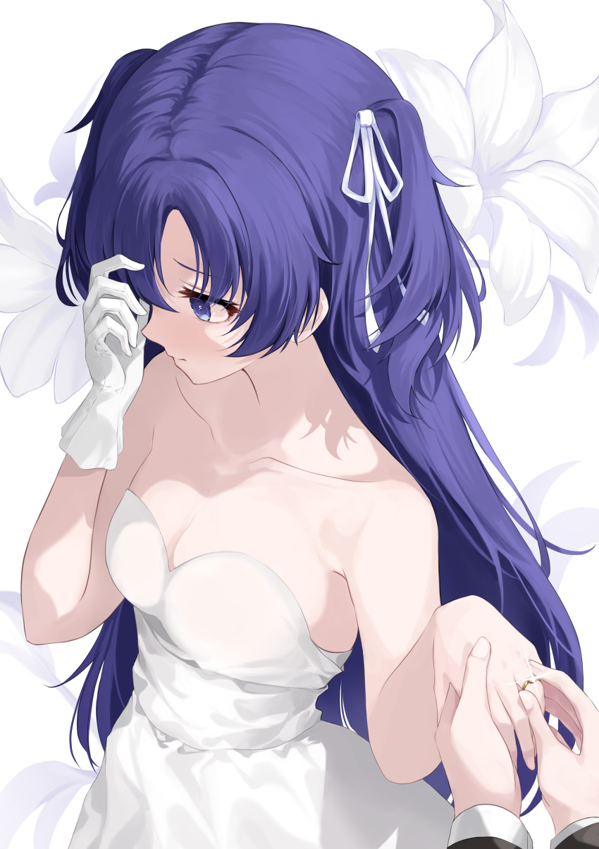 1boy 1girl absurdres alternate_costume averting_eyes blue_archive breasts bride closed_mouth collarbone commentary dress embarrassed facing_away floral_background flower gloves hair_ribbon highres jewelry long_hair marriage_proposal medium_breasts purple_eyes purple_hair putting_on_jewelry ribbon ring siisii0630 single_glove solo_focus strapless strapless_dress two_side_up wedding_dress wedding_ring white_background white_dress white_flower white_ribbon yuuka_(blue_archive)