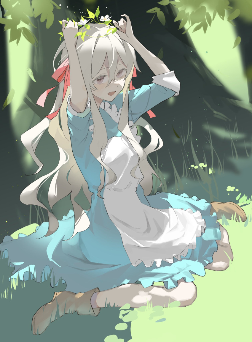 1girl apron blue_dress boots brown_footwear day dress forest full_body hair_ribbon head_wreath highres kagerou_project kozakura_marry long_hair long_sleeves looking_at_viewer mo011010 nature open_mouth outdoors pink_ribbon ribbon sitting smile solo very_long_hair wariza white_apron white_hair