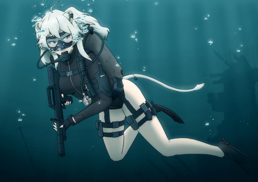 1girl absurdres air_bubble ammunition_pouch animal_ears assault_rifle battleship black_gloves black_nails black_wetsuit bodysuit breasts bubble diving diving_mask diving_regulator diving_suit earrings fingerless_gloves flippers frogman gauge gloves goggles grey_eyes grey_hair gun highres holding holding_gun holding_weapon hololive jewelry knife large_breasts leotard lion_ears lion_girl lion_tail load_bearing_equipment magazine_(weapon) megagogoman military_vehicle nail_polish oxygen_tank pouch rebreather rifle scuba scuba_gear scuba_tank ship shishiro_botan solo submerged swimming tail thigh_pouch thigh_strap thighs underwater virtual_youtuber warship water watercraft weapon weight_belt wetsuit
