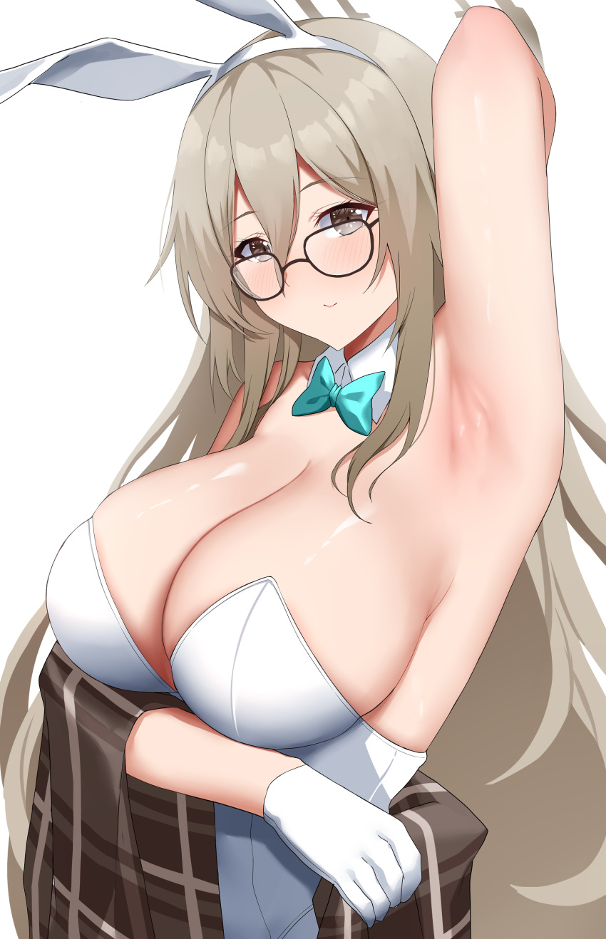 1girl akane_(blue_archive) akane_(bunny)_(blue_archive) animal_ears arind_yudha armpits blue_archive bow bowtie breasts brown_scarf cleavage detached_collar glasses gloves halo highres large_breasts leotard official_alternate_costume playboy_bunny presenting_armpit rabbit_ears scarf sitting smile solo white_gloves white_leotard