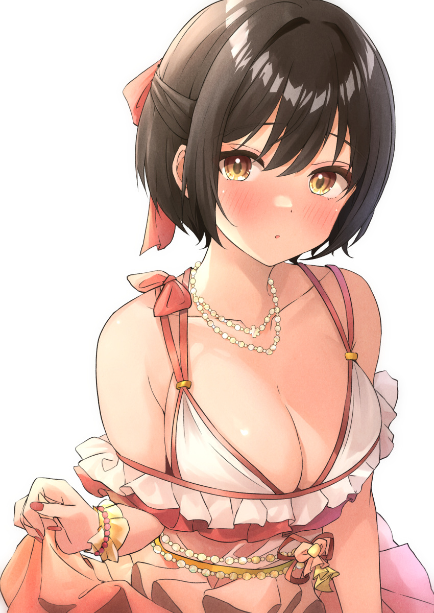 1girl absurdres armpit_crease b1ack_illust black_hair blurry blurry_foreground blush breasts cleavage collarbone commentary commission fingernails fish floating goldfish highres idolmaster idolmaster_cinderella_girls jewelry large_breasts looking_at_viewer nail_polish necklace pixiv_commission short_hair simple_background skirt_hold solo takafuji_kako upper_body white_background