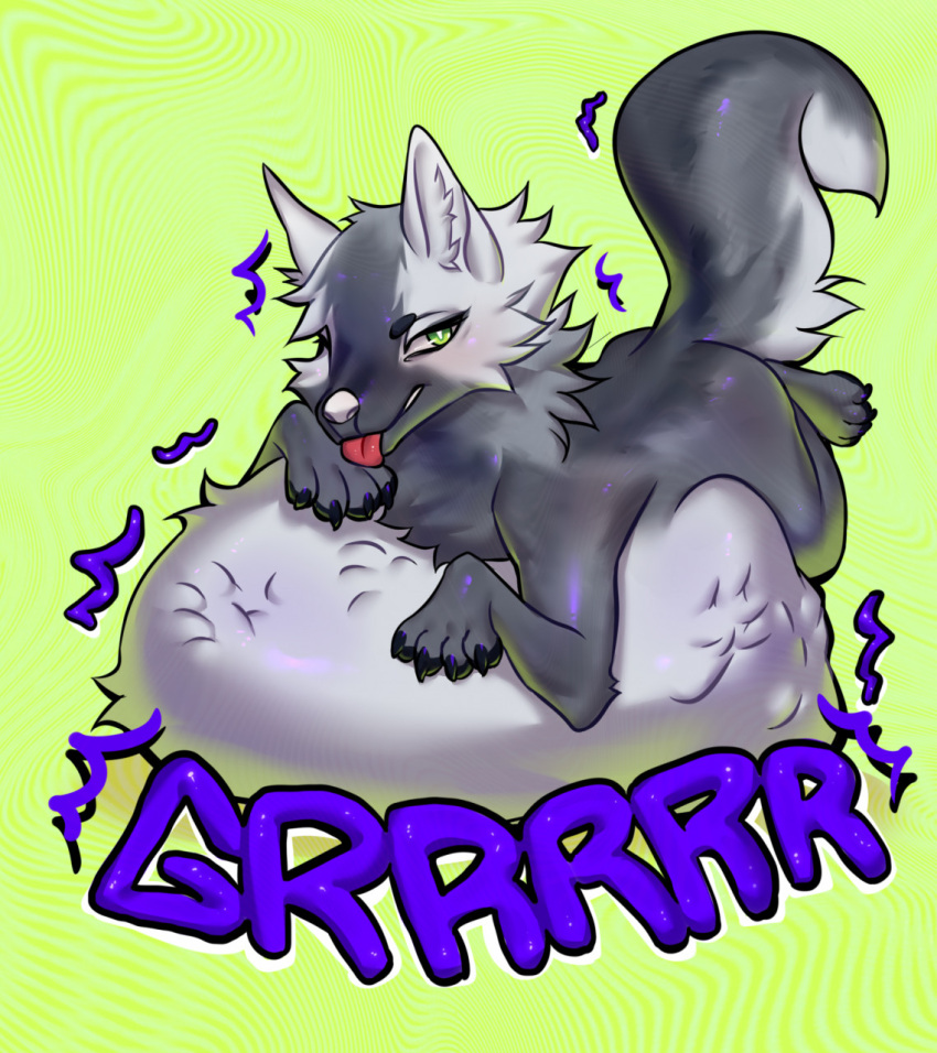 2021 abdominal_bulge blep bow_(bowhuskers) canid canine canis dodosh english_text feral fluffy fluffy_tail fur green_eyes grey_body grey_fur hi_res huge_belly lying male mammal on_front rumbling_stomach simple_background solo tail text tongue tongue_out vore wolf