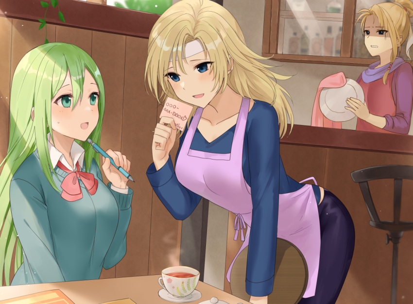 3girls :d apron bending blonde_hair blue_eyes breasts calill_(fire_emblem) cleaning coffee coffee_cup commentary_request contemporary cup disposable_cup fire_emblem fire_emblem:_radiant_dawn green_eyes green_hair haru_(nakajou-28) heather_(fire_emblem) multiple_girls nephenee_(fire_emblem) smile