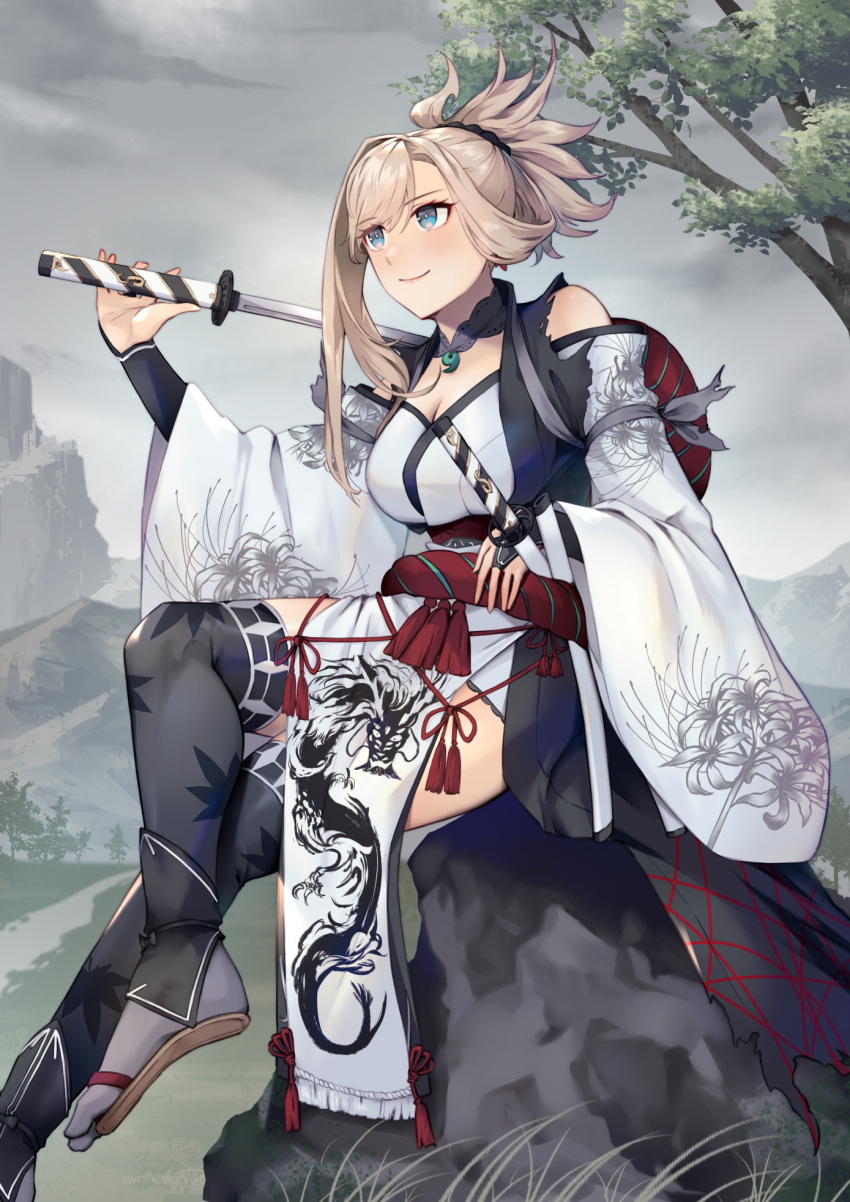 1girl bare_shoulders black_thighhighs blue_eyes bridal_gauntlets closed_mouth cloud crossed_legs detached_sleeves fate/samurai_remnant fate_(series) grass grey_hair highres holding holding_sword holding_weapon japanese_clothes jewelry katana kimono lips magatama magatama_necklace miyamoto_musashi_(fate) nakaga_eri necklace official_alternate_costume on_rock outdoors pelvic_curtain pink_lips ponytail sitting sitting_on_rock smile solo sword thighhighs tree weapon white_kimono