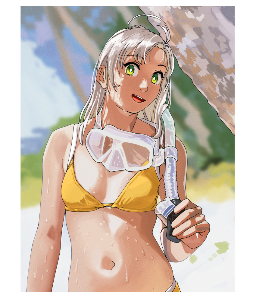 1girl antenna_hair bikini breasts diving_mask diving_mask_around_neck goggles goggles_around_neck green_eyes grey_hair highres kantai_collection kinugasa_(kancolle) long_hair looking_at_viewer navel ojipon open_mouth outdoors small_breasts smile snorkel solo stomach swimsuit upper_body wet yellow_bikini