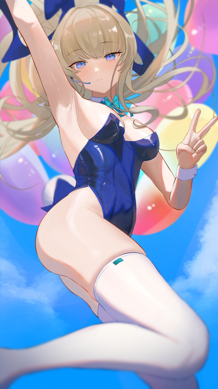1girl absurdres animal_ears arm_up armpits blonde_hair blue_archive blue_eyes blue_leotard bow bowtie breasts cherrymaru detached_collar fake_animal_ears highleg highleg_leotard highres korean_commentary leotard long_hair looking_at_viewer medium_breasts official_alternate_costume playboy_bunny presenting_armpit rabbit_ears sideboob solo strapless strapless_leotard thighhighs toki_(blue_archive) toki_(bunny)_(blue_archive) twitter_username v very_long_hair white_thighhighs wrist_cuffs
