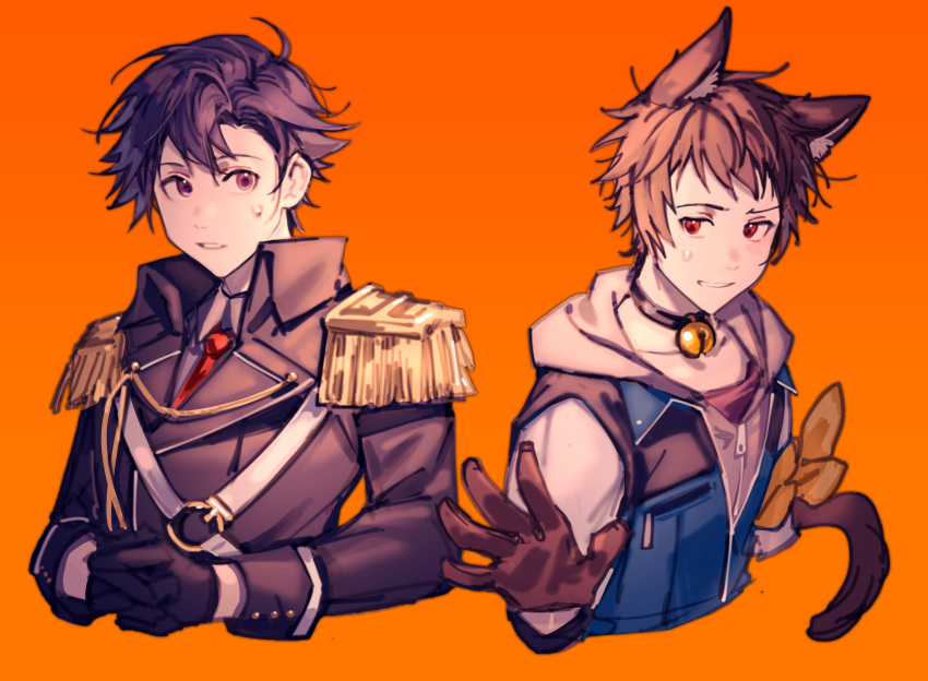 2boys absurdres ahoge akningovo animal_ears black_gloves black_hair brown_hair cat_boy cosplay eiyuu_densetsu epaulettes fake_animal_ears fake_tail gloves highres kuro_no_kiseki looking_at_viewer multiple_boys orange_background purple_eyes rean_schwarzer red_eyes sen_no_kiseki simple_background swin_abel tail upper_body