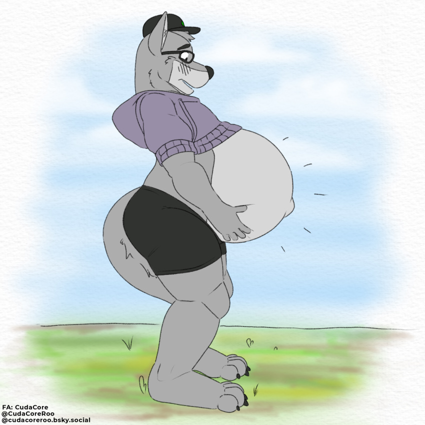 azuma belly big_belly canid canine canis clothed clothing cudacore embarrassed eyewear glasses hi_res holding_belly male mammal navel outie_navel paws pregnant pregnant_male wolf