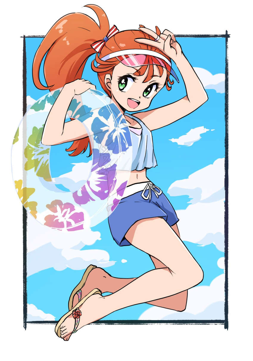 1girl :d black_border border bow commentary_request eyelashes green_eyes hair_bow hair_ornament happy high_ponytail high_side_ponytail highres long_hair looking_at_viewer natsuumi_manatsu open_mouth orange_hair ponytail precure sandals shorts side_ponytail smile solo tropical-rouge!_precure uraki v