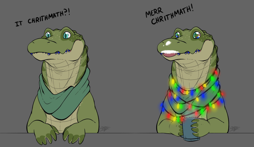 alligator alligatorid benji_(artist) benji_alligator_(benji) big_eyes braces christmas christmas_lights cocoa_(drink) container crocodilian cup hi_res holidays male reptile scalie scarf semi-anthro smile solo