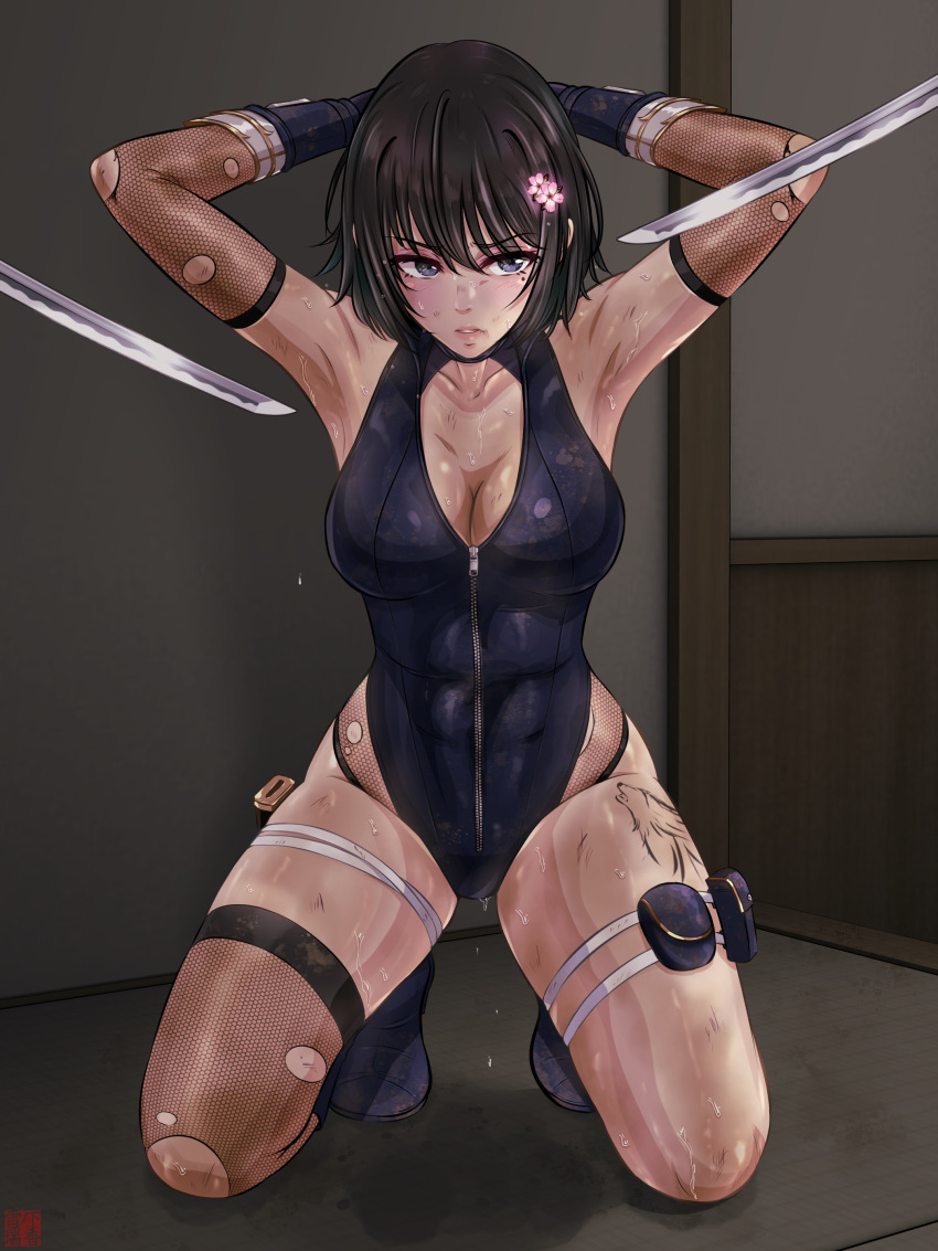 1girl absurdres armpits arms_behind_head bare_shoulders black_hair blue_eyes bodysuit breasts commission dirty dirty_clothes dirty_face fishnet_gloves fishnet_thighhighs fishnets flower full_body gloves hair_flower hair_ornament highres kneeling leg_tattoo long_hair medium_breasts mole mole_under_eye ninja original short_hair skin_tight solo sweat tattoo thigh_strap thighhighs torn_clothes yukinoshita_mizuka