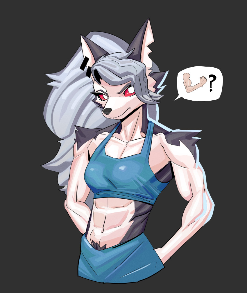 2023 abs absurd_res anthro athletic athletic_anthro athletic_female biped black_background black_body black_fur bra breasts canid canid_demon clothing demon digital_media_(artwork) female fur grey_hair hair half-length_portrait hellhound helluva_boss hi_res long_hair looking_at_viewer loona_(helluva_boss) mammal miscuitsxd multicolored_body multicolored_fur notched_ear portrait red_sclera simple_background solo speech_bubble sports_bra two_tone_body two_tone_fur underwear white_body white_eyes white_fur