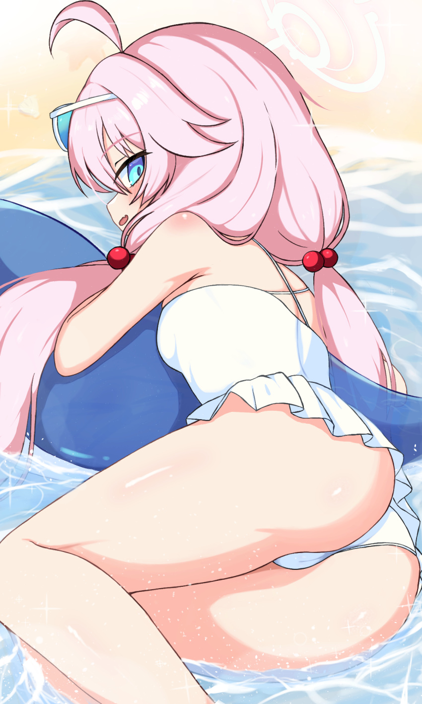 1girl ahoge bikini blue_archive blue_eyes blush breasts eyewear_on_head fang hair_bobbles hair_ornament halo highres hoshino_(blue_archive) hoshino_(swimsuit)_(blue_archive) io9 long_hair official_alternate_costume open_mouth pink_hair pink_halo skin_fang small_breasts solo swimsuit water white_bikini