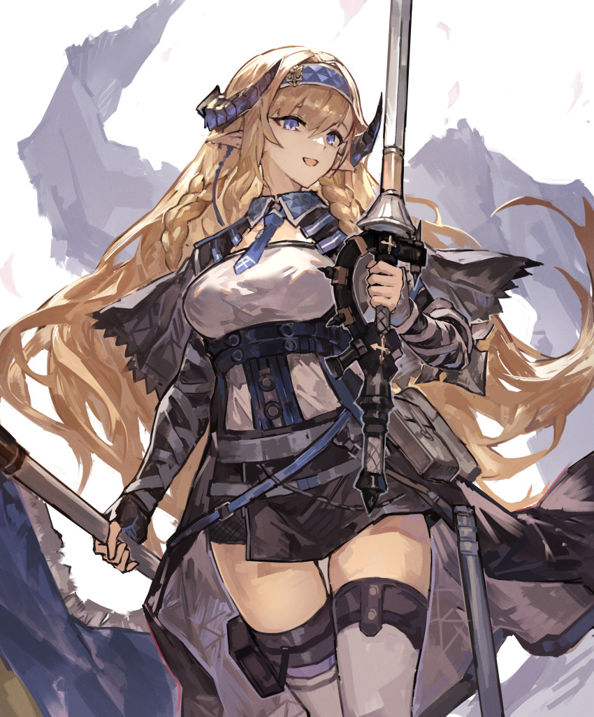 1girl 2girls :d absurdres arknights black_capelet black_skirt blonde_hair blue_eyes blue_hairband blue_necktie braid capelet commentary_request dragon_horns feet_out_of_frame flag hairband highres holding holding_flag holding_sword holding_weapon horns long_hair long_sleeves looking_at_viewer multiple_girls necktie open_mouth pointy_ears pouch saileach_(arknights) shirt skirt sleeves_past_wrists smile sword thighhighs very_long_hair weapon white_shirt white_thighhighs yanyan_(shinken_gomi)