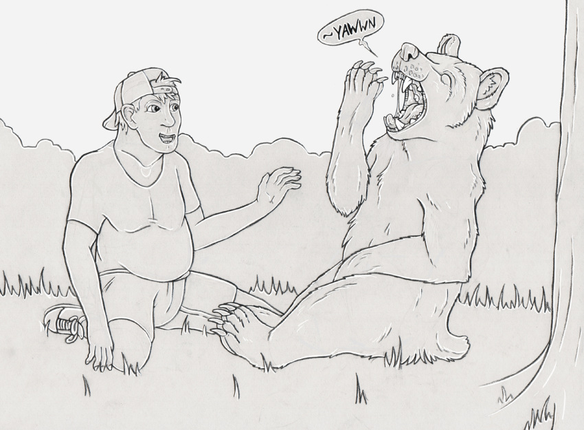 2018 baseball_cap bear biped bottomwear claws clothed clothing duo english_text eyes_closed fangs feral finger_claws footwear fully_clothed gaping_mouth grass greyscale hat headgear headwear hi_res human male mammal monochrome nature nature_background onomatopoeia open_mouth outside plant quadruped shirt shoes short_tail shorts sitting slightly_chubby sound_effects speech_bubble strega tail teeth text toe_claws topwear tree yawn
