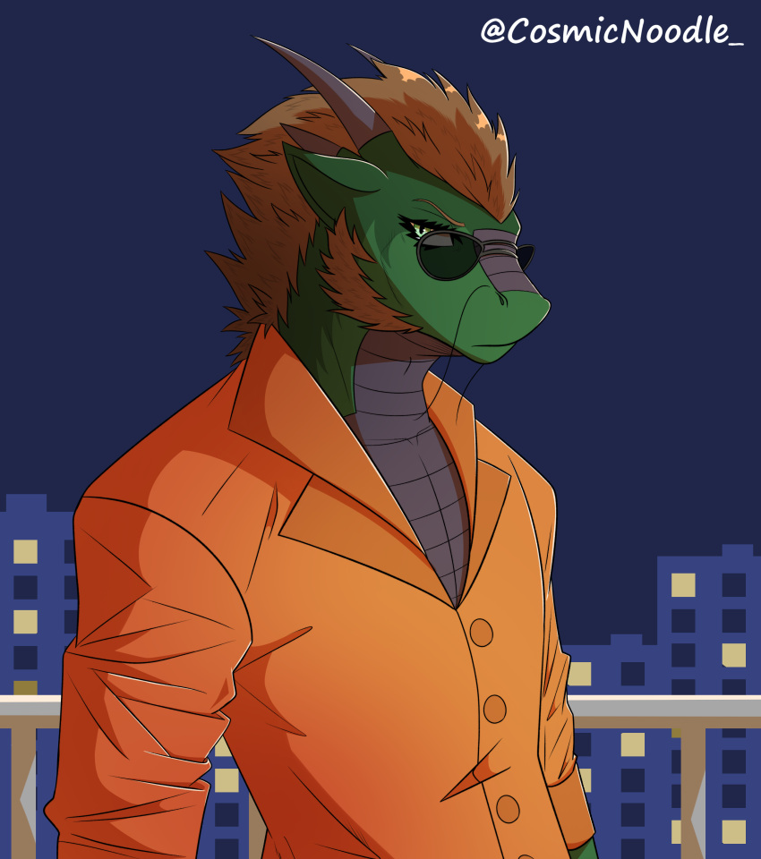 absurd_res anthro brown_hair clothed clothing cosmic_noodle digital_media_(artwork) dragon eastern_dragon eyewear glasses green_body green_markings hair hi_res horn looking_at_viewer male markings outside portrait rolled_up_sleeves scalie shaded shirt simple_background solo topwear