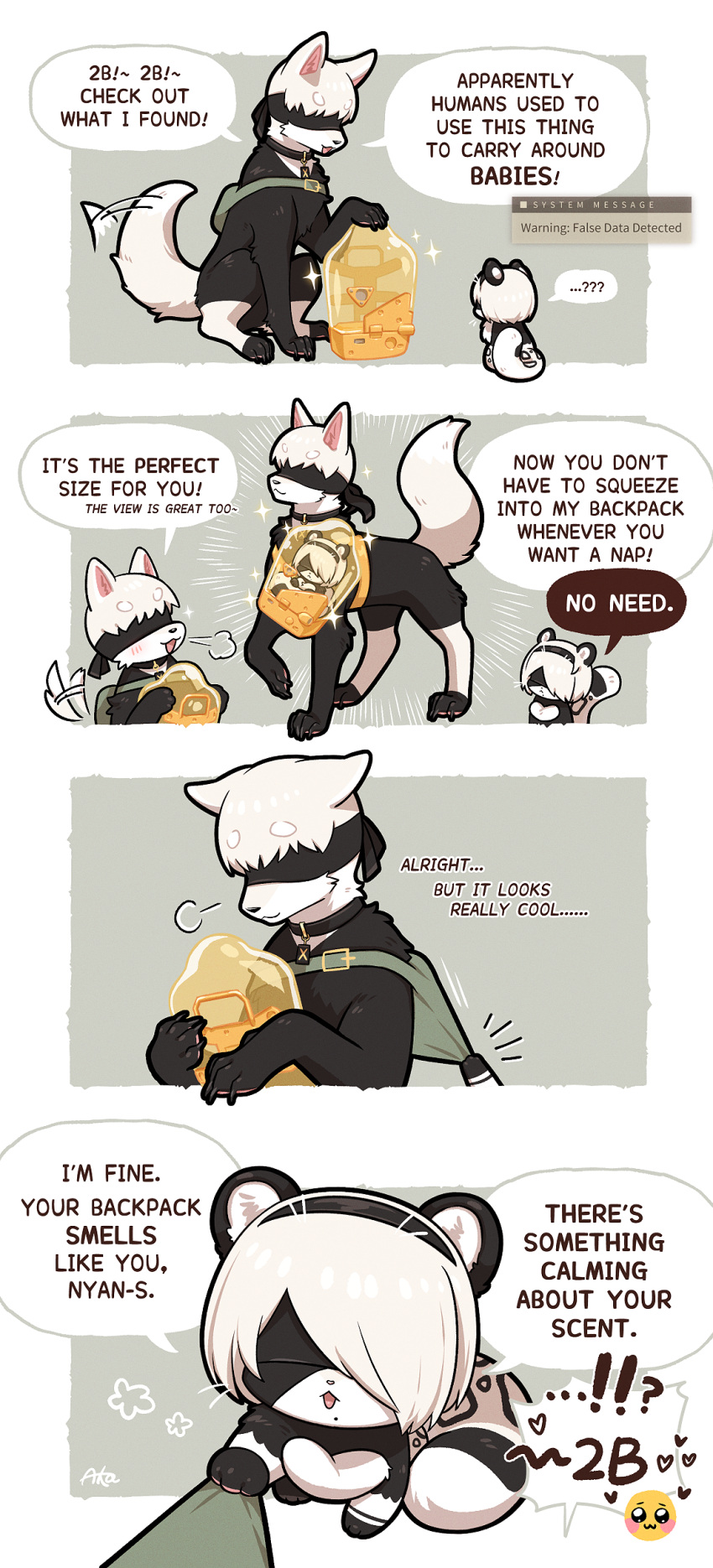 &lt;3 absurd_res accessory backpack beauty_mark black_body black_collar black_fur black_hairband black_nose black_spots blindfold canid canine canis cheek_tuft chest_tuft claws collar collar_tag comic crossover death_stranding dialogue digital_media_(artwork) domestic_dog duo ears_down emoji english_text exhaling eyebrows facial_tuft feet felid female feral fur green_backpack hair hair_accessory hairband hi_res larger_male looking_down looking_up male mammal markings missaka mole_(marking) nier_automata open_mouth pantherine pawpads pink_nose pivoted_ears pod simple_background size_difference smaller_female smile snow_leopard speech_bubble spots spotted_body spotted_fur standing tail tail_motion tailwag text tongue tuft warning_message white_body white_fur yorha_2b yorha_9s