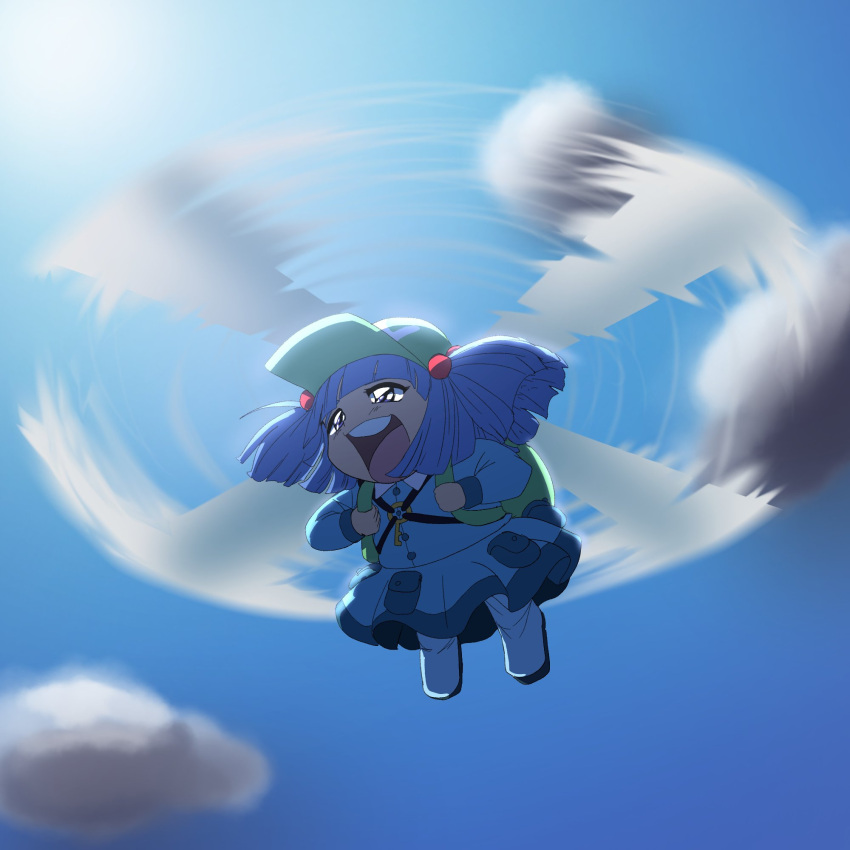 1girl blue_eyes blue_hair blue_skirt blue_sky cloud commentary english_commentary flat_cap full_body green_headwear hat highres kawashiro_nitori motion_blur open_mouth outdoors rotor skirt sky solo step_arts teeth touhou two_side_up upper_teeth_only