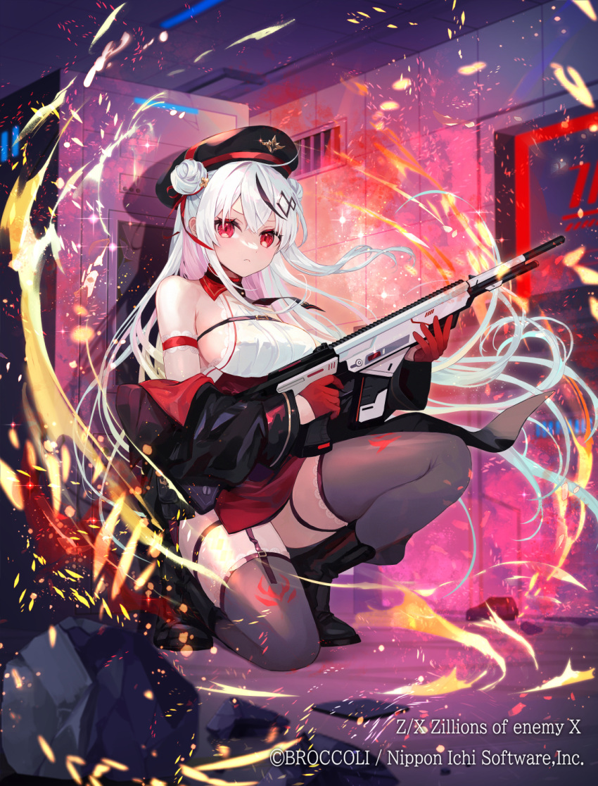 1girl armband assault_rifle bare_shoulders beret black_footwear black_headwear black_jacket boots breasts closed_mouth detached_collar double_bun fire gloves grey_thighhighs gun hair_bun hat high-waist_skirt highres holding holding_gun holding_weapon jacket lace_trim large_breasts long_hair long_sleeves looking_at_viewer multicolored_hair natsuiro_xx necktie off_shoulder official_art on_one_knee open_clothes open_jacket red_eyes red_gloves red_skirt rifle shirt side_slit sideboob skirt sleeveless sleeveless_shirt solo streaked_hair thigh_strap thighhighs thighs v-shaped_eyebrows very_long_hair weapon white_hair white_shirt z/x