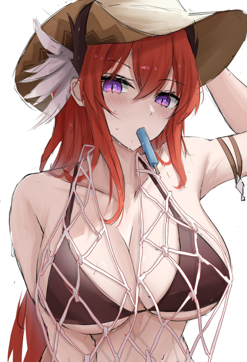 1girl arknights arm_strap arm_up bare_shoulders bikini black_bikini blush breasts brown_headwear cleavage collarbone food food_in_mouth hat highres horns large_breasts long_hair looking_at_viewer nami_(namikare4) popsicle purple_eyes red_hair slit_pupils solo surtr_(arknights) swimsuit upper_body very_long_hair