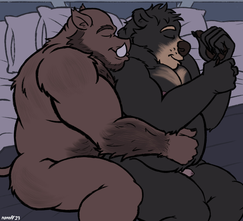 after_sex anthro bear bed bedroom belly_rub black_bear chubby_male cuddling duo flaccid foreskin furniture genitals hi_res male male/male mammal mature_male musclegut muscular muscular_male nanoff nude on_bed penis sleeping_together spooning suarez_(nanoff) suid suina sus_(pig) top_angle_view ursine wild_boar