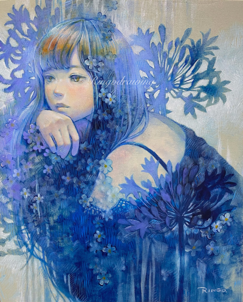 1girl bare_shoulders black_dress black_hair blue_theme brown_eyes commentary_request dress flower head_rest highres long_hair looking_to_the_side oil_painting_(medium) original painting_(medium) ringodrawing solo spider_lily traditional_media upper_body