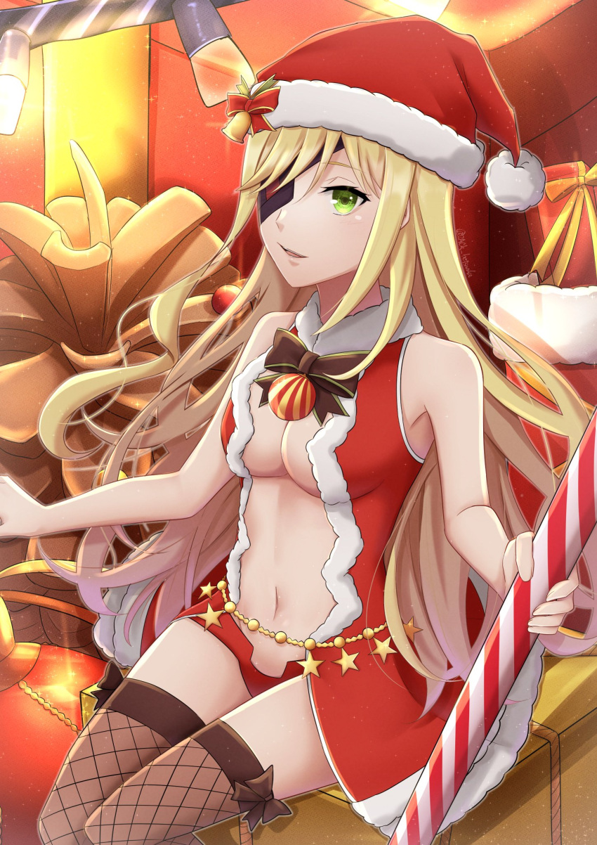 1girl blonde_hair breasts candy candy_cane cleavage commentary_request dress eyepatch fishnet_thighhighs fishnets food green_eyes hat highres holding holding_candy holding_candy_cane holding_food long_hair navel othinus red_dress santa_costume santa_hat sitting solo thighhighs toaru_majutsu_no_index toaru_majutsu_no_index:_new_testament zack_betsuaka