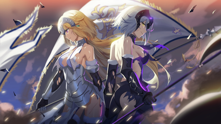 2girls armor armored_dress ass back banner bare_back bare_shoulders black_dress black_gloves black_thighhighs blonde_hair blurry breasts cowboy_shot depth_of_field dress elbow_gloves eyelashes fate_(series) flag floating_hair from_side gauntlets gloves grey_hair highres holding holding_weapon jeanne_d'arc_(fate) jeanne_d'arc_(ruler)_(fate) jeanne_d'arc_(third_ascension)_(fate) jeanne_d'arc_alter_(avenger)_(fate) jeanne_d'arc_alter_(avenger)_(third_ascension)_(fate) jeanne_d'arc_alter_(fate) long_hair looking_at_viewer looking_down maomaozi medium_breasts multiple_girls non-web_source outdoors parted_lips profile purple_eyes short_hair sideboob smile standing thighhighs torn_clothes torn_dress very_long_hair weapon white_dress yellow_eyes