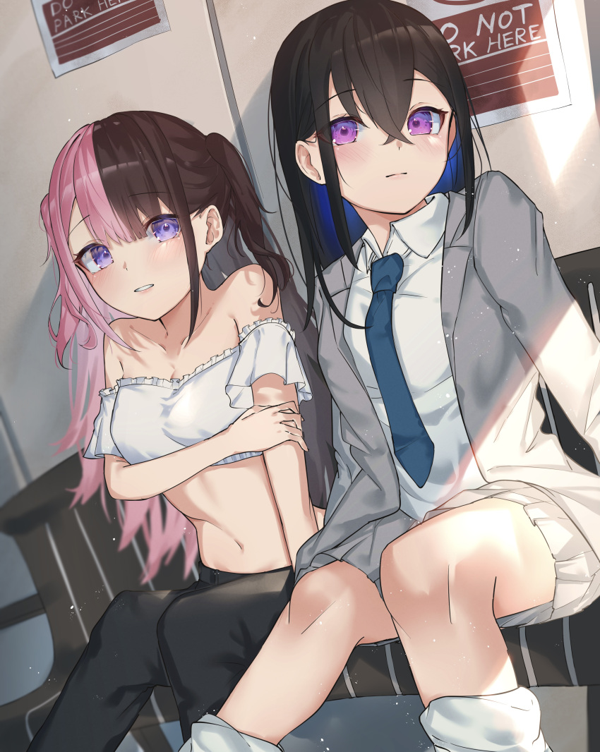2girls absurdres bare_shoulders black_hair black_pants blue_eyes blue_hair blue_necktie blush breasts brown_hair cleavage closed_mouth collarbone collared_shirt colored_inner_hair commentary_request crop_top grey_jacket grey_skirt hair_between_eyes highres holding_own_arm ichinose_uruha jacket light_smile looking_at_viewer midriff multicolored_hair multiple_girls navel necktie on_bench pants parted_lips pink_hair pleated_skirt purple_eyes ringozeri shirt sitting skirt skirt_suit socks split-color_hair stomach suit tachibana_hinano_(vtuber) two-tone_hair virtual_youtuber vspo! white_shirt white_socks
