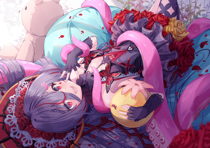 1girl absurdres blush breasts character_request cleavage_cutout clothing_cutout daidai_(daidai826) dress fingerless_gloves flower gloves hairband highres holding holding_stuffed_toy lolita_fashion lolita_hairband long_hair looking_at_viewer lying on_back petals purple_dress purple_hair red_eyes red_flower red_rose rose small_breasts smile stuffed_animal stuffed_toy suction_cups teddy_bear tentacles tower_of_fantasy