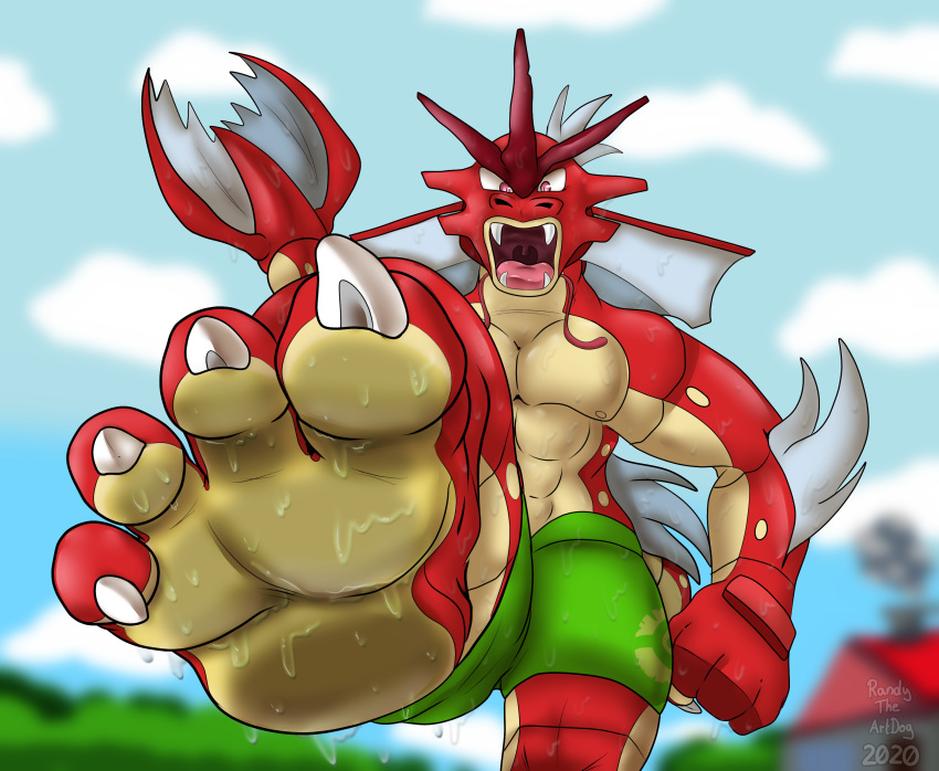 4_toes 5_fingers abs ambiguous_gender anthro anthrofied blue_sky building chimney clothing cloud countershade_feet countershading feet fin fingers fist foot_focus full-length_portrait generation_1_pokemon green_clothing grey_background gyarados hi_res hindpaw house imminent_stomp low-angle_view marine nintendo nipples open_mouth outside paws pecs plant plantigrade pokemon pokemon_(species) pokemorph portrait randytheartdog red_body rooftop sharp_teeth shiny_pokemon simple_background sky smoke soles solo swimming_trunks swimwear tail teeth toes tree water wet_feet white_clouds worm's-eye_view