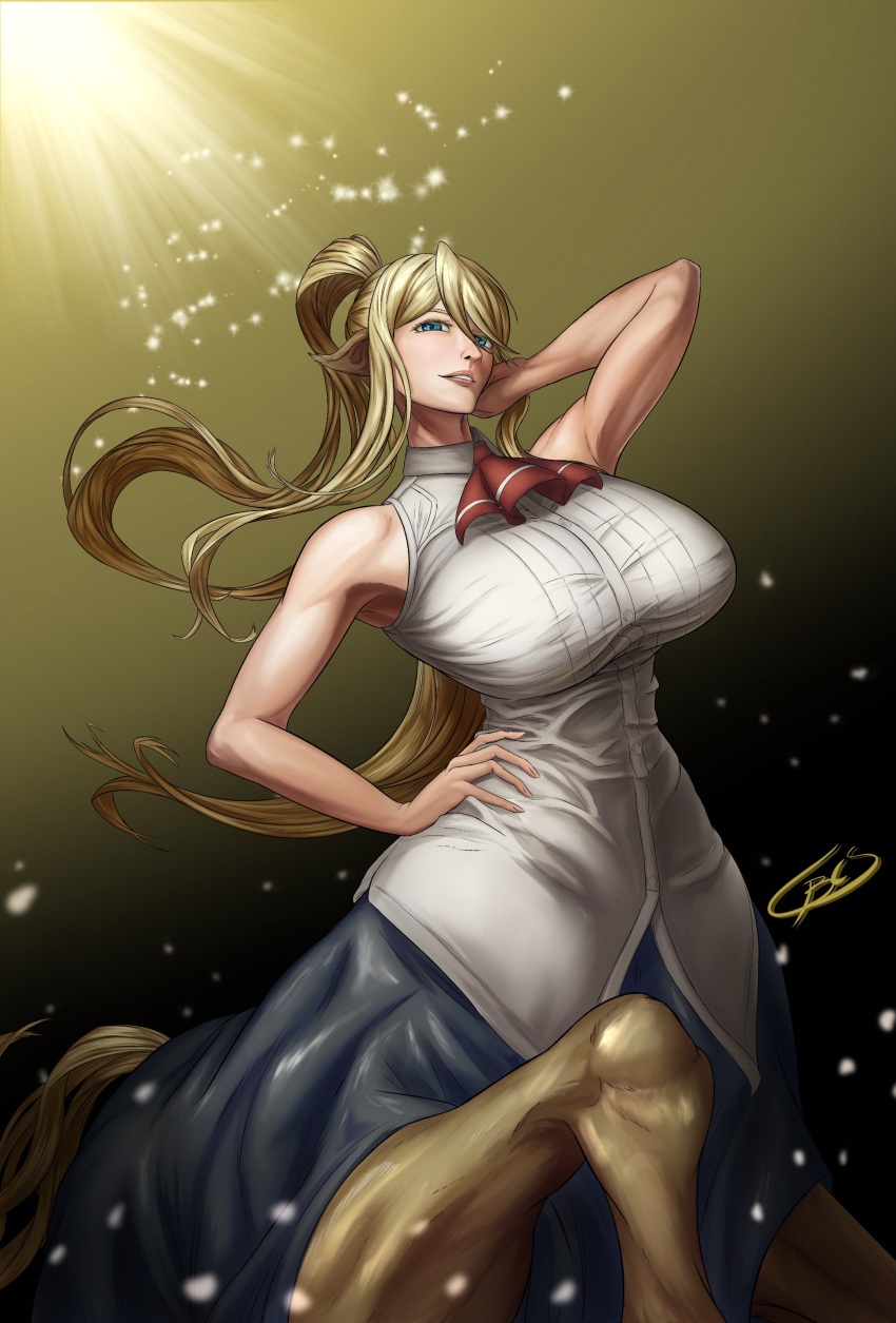 1girl absurdres animal_ears arm_up armpits ascot bare_shoulders black_skirt blazing_codex blonde_hair blue_eyes breasts centaur centorea_shianus collared_shirt cowboy_shot english_commentary floating_hair hair_between_eyes hand_on_own_hip highres horse_ears horse_tail large_breasts light_rays long_hair long_skirt looking_at_viewer monster_girl monster_musume_no_iru_nichijou multiple_legs parted_lips pointy_ears ponytail red_ascot shirt sidelocks signature skirt sleeveless sleeveless_shirt smile solo standing standing_on_three_legs tail taur very_long_hair white_shirt yellow_background