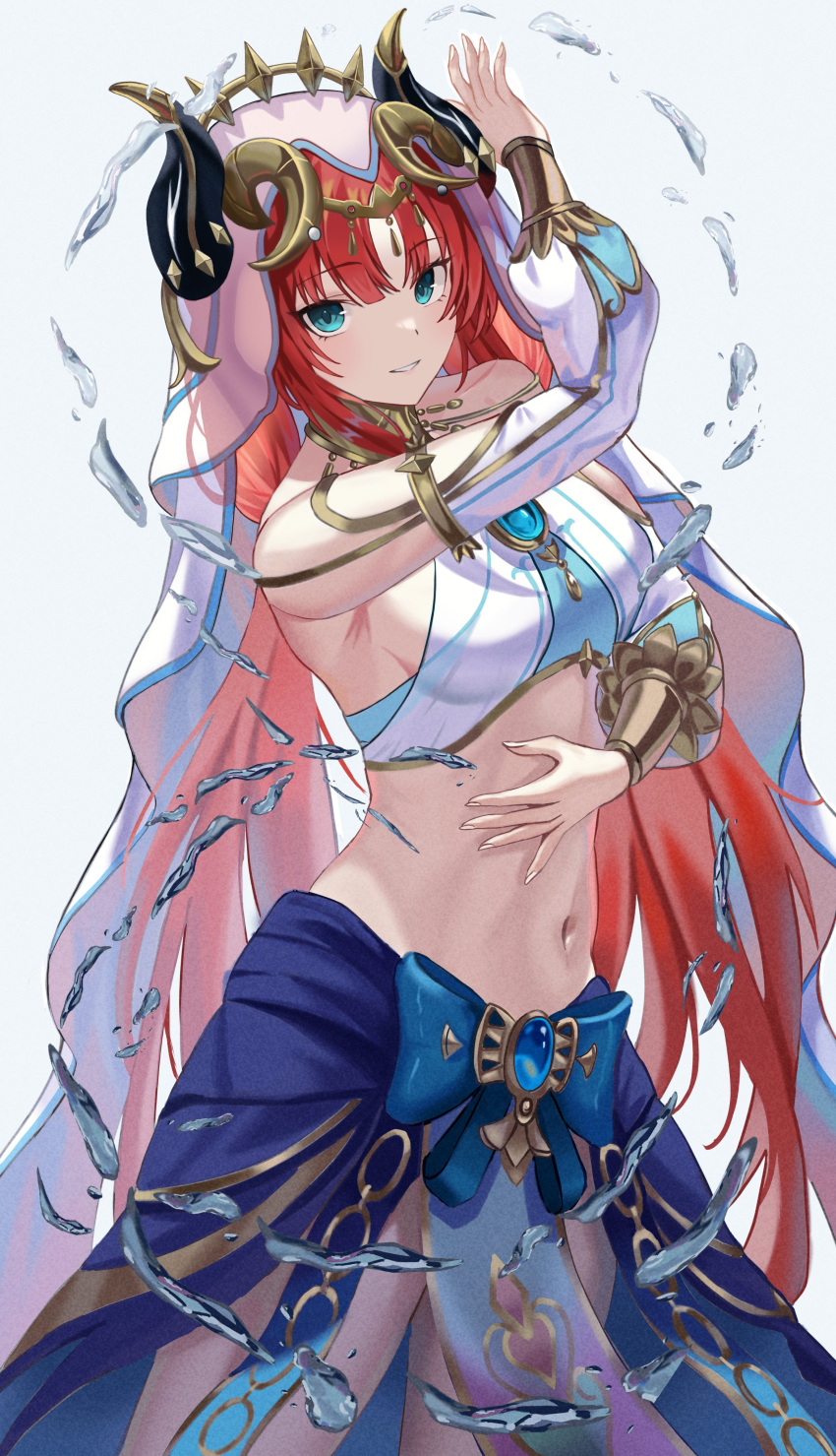 absurdres blue_gemstone blue_veil bracer brooch circlet dancer fake_horns gem genshin_impact gold_trim harem_outfit highres horns jewelry long_sleeves mayo_9_5 neck_ring nilou_(genshin_impact) puffy_long_sleeves puffy_sleeves red_hair veil white_headdress white_veil