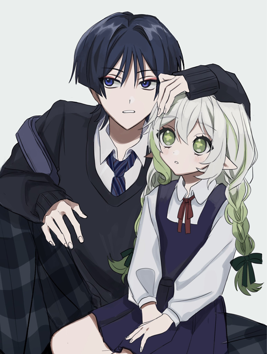 1boy 1girl alternate_costume alternate_hairstyle blue_eyes blue_hair clover-shaped_pupils commentary_request contemporary eyeshadow genshin_impact green_eyes green_hair grey_hair hand_on_another's_head highres long_hair looking_up loose_necktie makeup multicolored_hair nahida_(genshin_impact) necktie no6_gnsn pointy_ears red_eyeshadow scaramouche_(genshin_impact) school_uniform short_hair simple_background sitting twintails