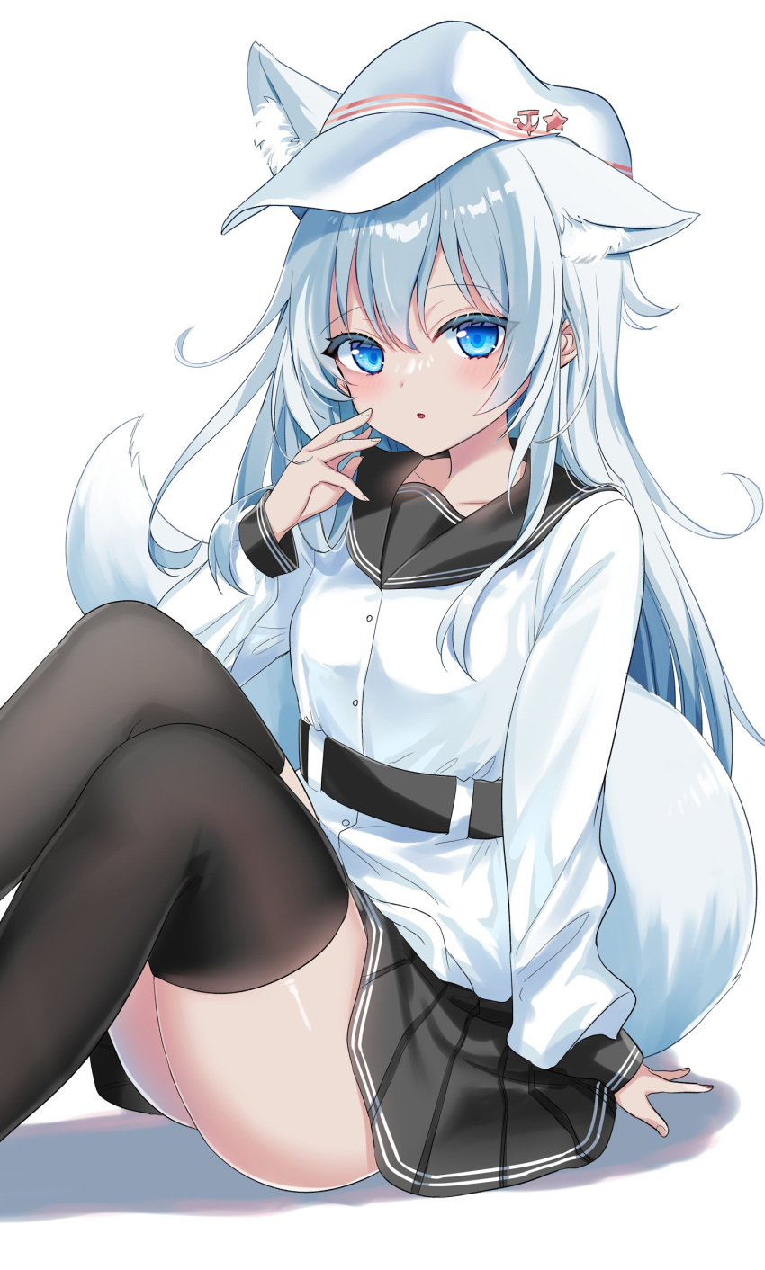 1girl absurdres animal_ears ass black_sailor_collar black_skirt black_thighhighs blue_eyes blush grey_hair hair_between_eyes hammer_and_sickle hat hibiki_(kancolle) highres kantai_collection long_hair looking_at_viewer motohara_moka parted_lips pleated_skirt sailor_collar sailor_shirt shirt simple_background skirt solo tail thighhighs verniy_(kancolle) white_background white_headwear white_shirt