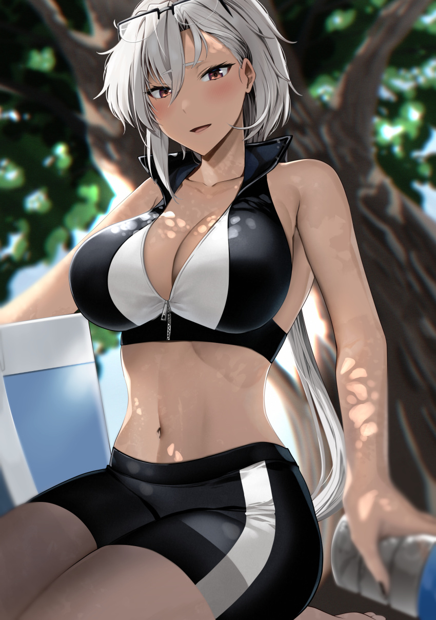 1girl alternate_costume blurry blush bottle breasts cleavage collarbone depth_of_field eyewear_on_head glasses grey_hair hair_between_eyes highres holding holding_bottle kantai_collection large_breasts long_hair musashi_(kancolle) navel open_mouth red_eyes solo tree yunamaro zipper