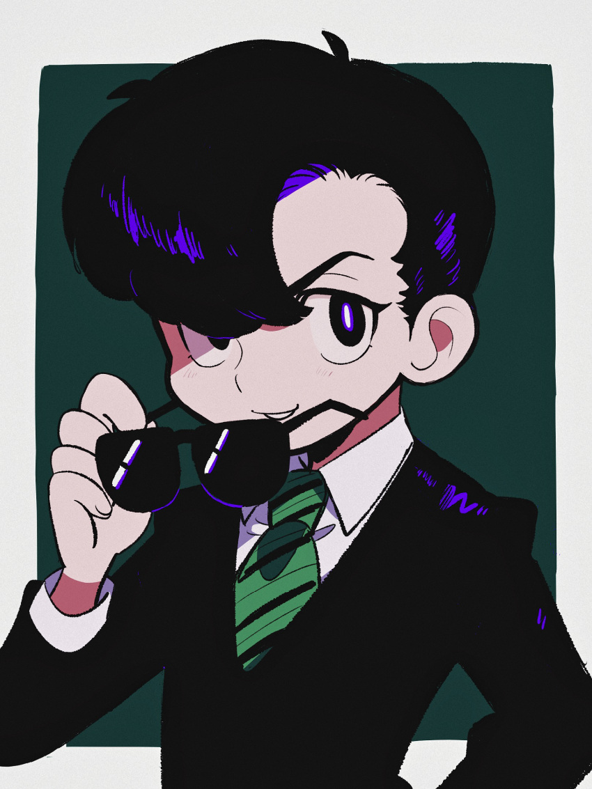 1boy a_(poipiku_325815) black_eyes black_hair black_jacket black_suit border bright_pupils collared_shirt commentary eyewear_removed film_grain green_background green_necktie grin hair_over_one_eye hand_on_own_hip highres holding holding_removed_eyewear jacket long_sleeves looking_at_viewer male_focus necktie outside_border rock_(character) shirt short_hair simple_background smile solo star_system striped_necktie suit sunglasses upper_body white_border white_pupils white_shirt