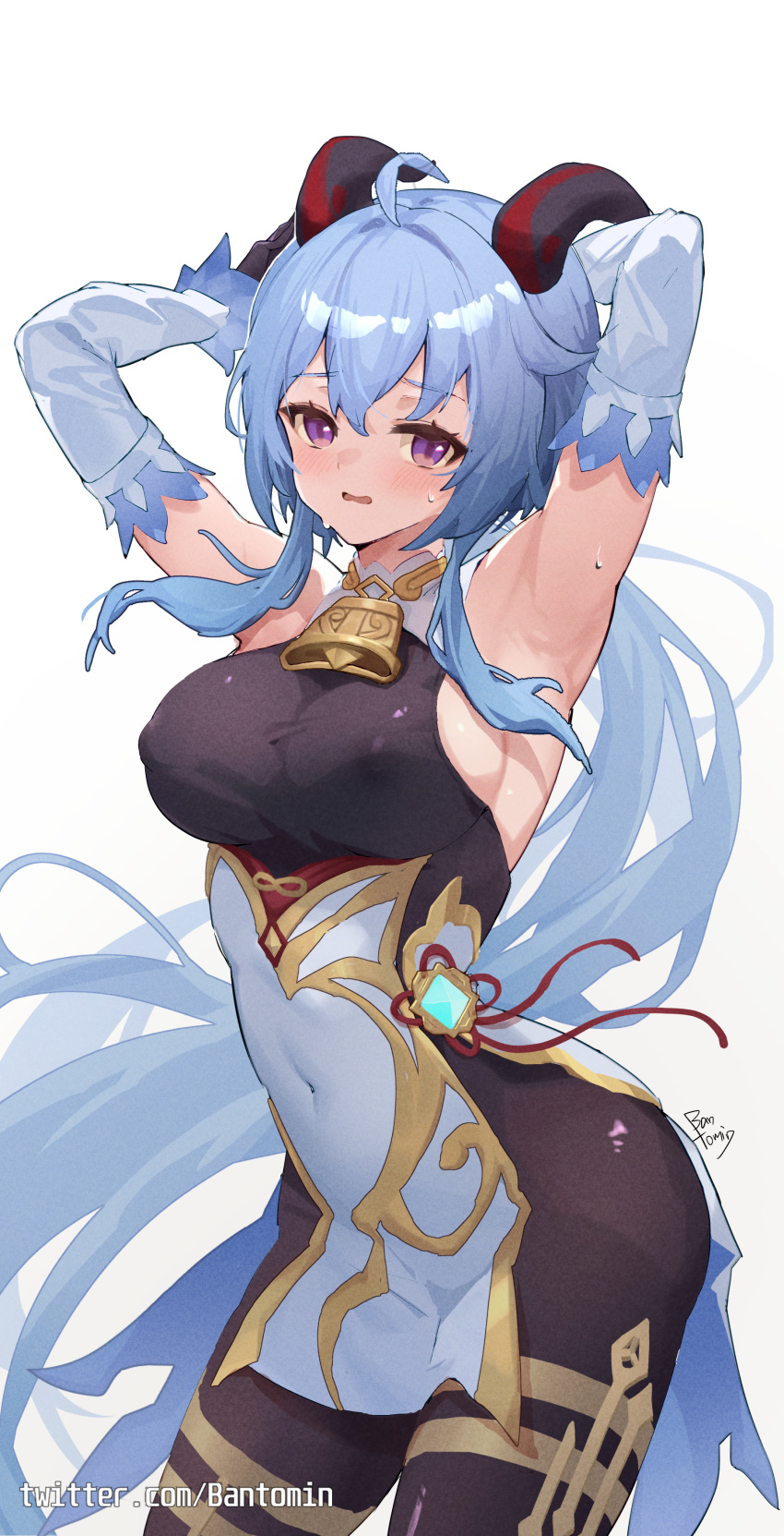 1girl absurdres ahoge armpits arms_behind_head arms_up bantomin bare_shoulders bell black_pantyhose blue_hair blush bodystocking breasts chinese_knot commentary covered_navel covered_nipples cowboy_shot detached_sleeves flower_knot ganyu_(genshin_impact) genshin_impact gold_trim hair_between_eyes high-waist_skirt highres horns large_breasts long_hair long_sleeves looking_at_viewer miniskirt neck_bell open_mouth pantyhose purple_eyes redrawn sideboob simple_background skirt solo standing sweat tassel thighlet thighs very_long_hair vision_(genshin_impact) white_background white_skirt white_sleeves