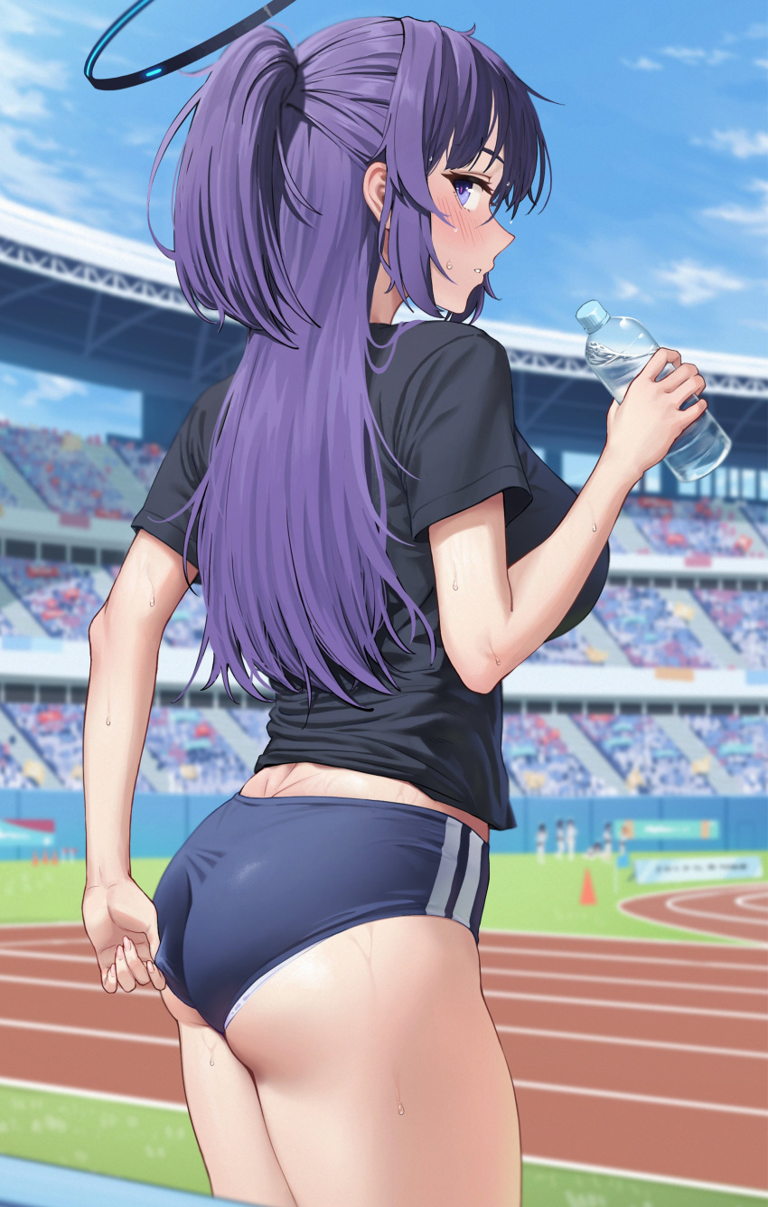 1girl absurdres adjusting_buruma adjusting_clothes adjusting_shorts ass black_shirt blue_archive blue_buruma blue_eyes blue_sky blush bottle breasts buruma chagama_teishoku cloud day from_behind halo highres holding holding_bottle large_breasts long_hair outdoors parted_lips purple_hair shirt shorts sky solo sweat thighs water_bottle yuuka_(blue_archive) yuuka_(track)_(blue_archive)