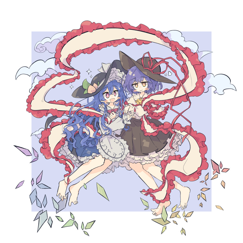 2girls absurdres apron barefoot black_headwear black_skirt blue_background blue_hair commentary frilled_shawl frilled_skirt frills hat hat_ribbon highres hinanawi_tenshi long_hair multiple_girls nagae_iku peach_hat_ornament primsla purple_hair red_ribbon ribbon shawl shirt simple_background skirt touhou white_apron white_shirt