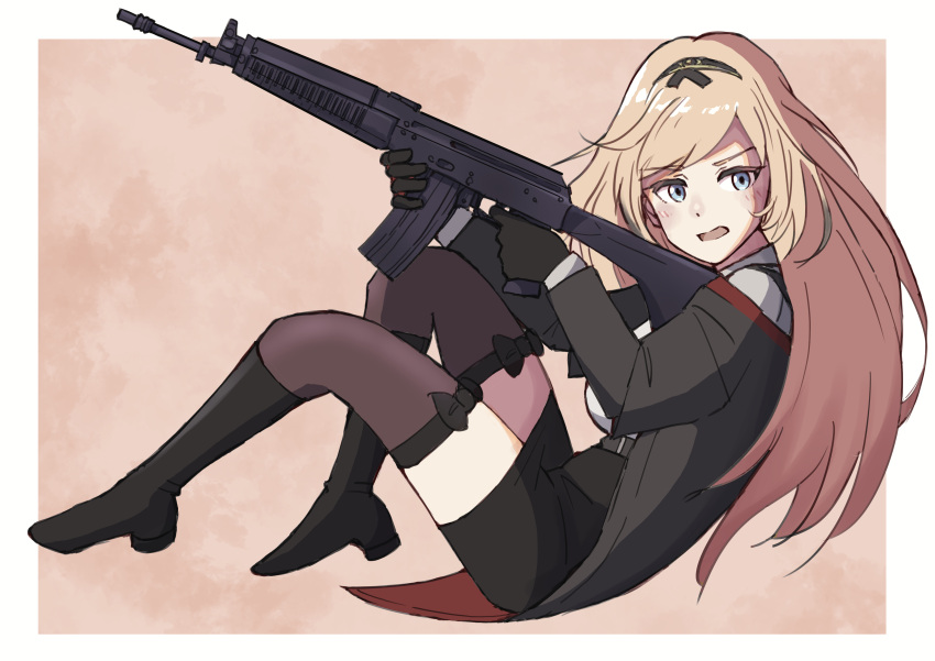 1girl absurdres black_bow black_footwear black_gloves black_jacket black_skirt blonde_hair blue_eyes boots bow brown_background brown_thighhighs commentary_request commission from_side girls'_frontline gloves gun haldeco highres holding holding_gun holding_weapon jacket long_hair long_sleeves looking_at_viewer looking_to_the_side name_connection object_namesake off-shoulder_jacket off_shoulder open_mouth shirt skeb_commission skirt solo stg-940_(girls'_frontline) thighhighs thighhighs_under_boots two-tone_background very_long_hair weapon white_background white_shirt wieger_stg-940