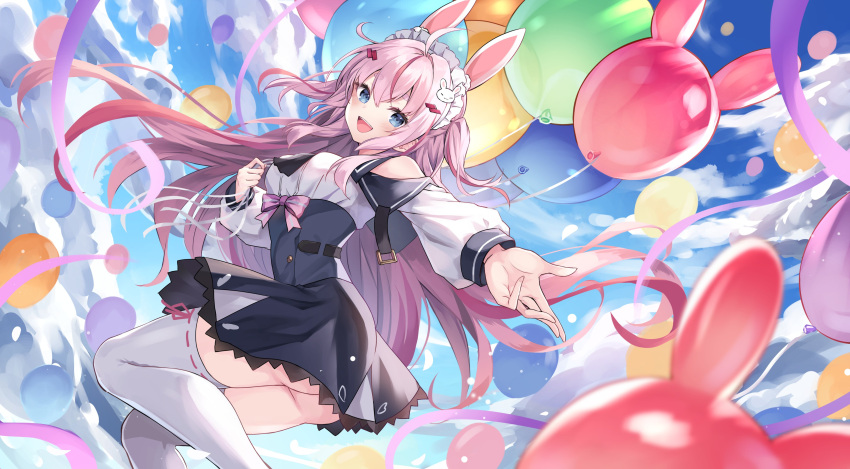 1girl absurdres ahoge animal_ears ass balloon bare_shoulders black_skirt blue_eyes blue_sky bow breasts cloud cloudy_sky floating_hair hair_ornament hairclip hand_up highres holding holding_balloon indie_virtual_youtuber kure~pu long_hair long_sleeves looking_at_viewer maid_headdress medium_breasts multicolored_hair open_mouth pink_bow pink_hair rabbit_ears rabbit_hair_ornament sakuragi_meu shirt sidelocks skirt sky smile solo streaked_hair thighhighs two_side_up virtual_youtuber white_shirt white_thighhighs