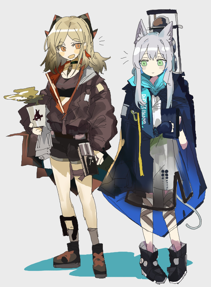 2girls :d absurdres animal_ear_fluff animal_ears arknights black_coat black_footwear black_shorts blonde_hair blush boots brown_jacket cat_ears cat_girl cat_tail closed_mouth coat cup demon_horns fingerless_gloves full_body gloves green_eyes grey_hair hair_between_eyes highres holding holding_cup horns ifrit_(arknights) infection_monitor_(arknights) jacket long_hair long_sleeves medium_hair multiple_girls odmised open_clothes open_jacket open_mouth orange_eyes parted_bangs rosmontis_(arknights) shorts sidelocks simple_background smile standing tail white_background