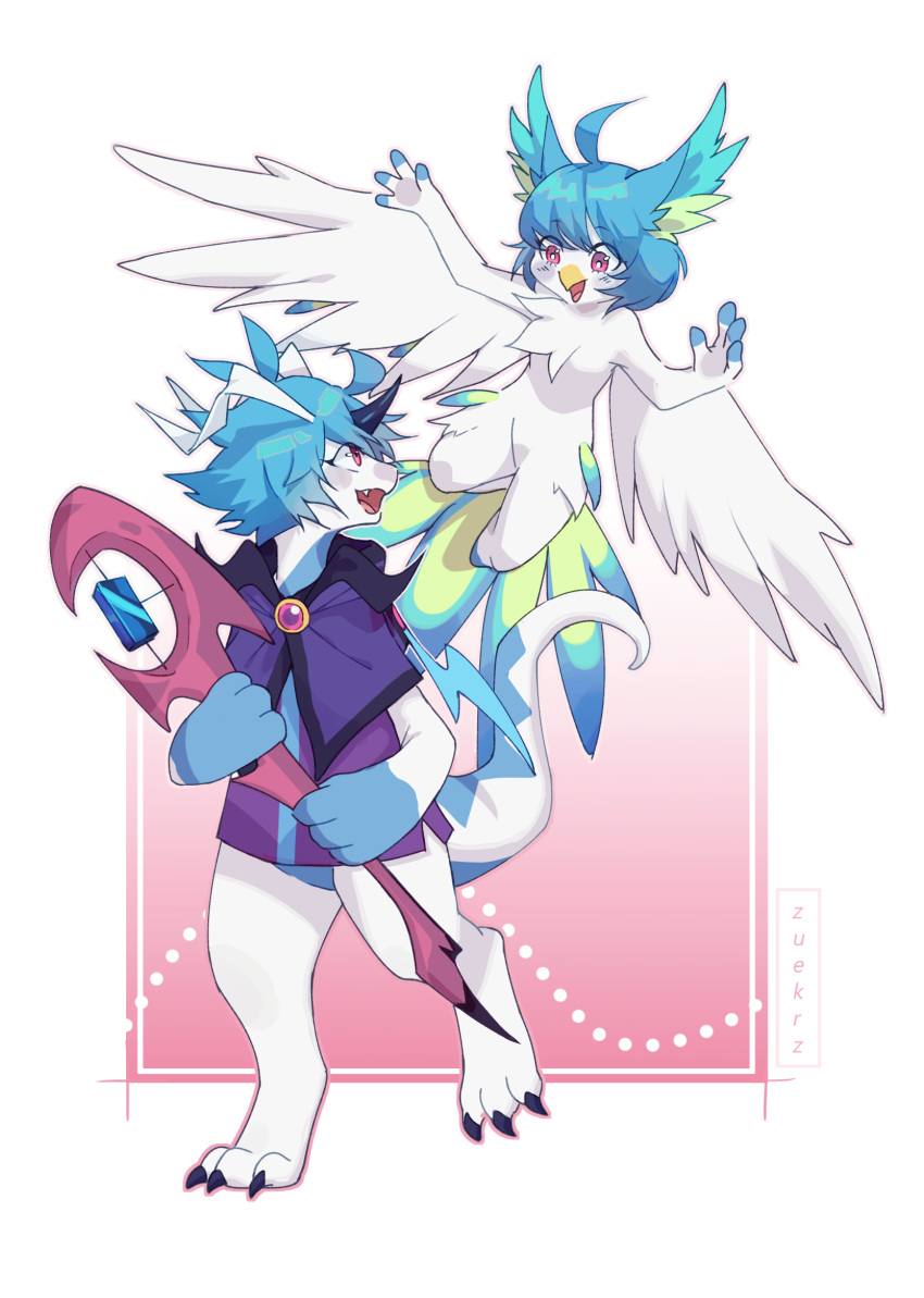 2018 3_toes 4_fingers anthro avian beak bird blue_hair chest_tuft claws clothing cute_fangs dragon duo feathers feet female fingers fur gem hair hi_res looking_at_another open_mouth perico pink_eyes red_eyes sifyro simple_background toes tongue tuft wand white_body white_fur winged_arms wings zuekrz