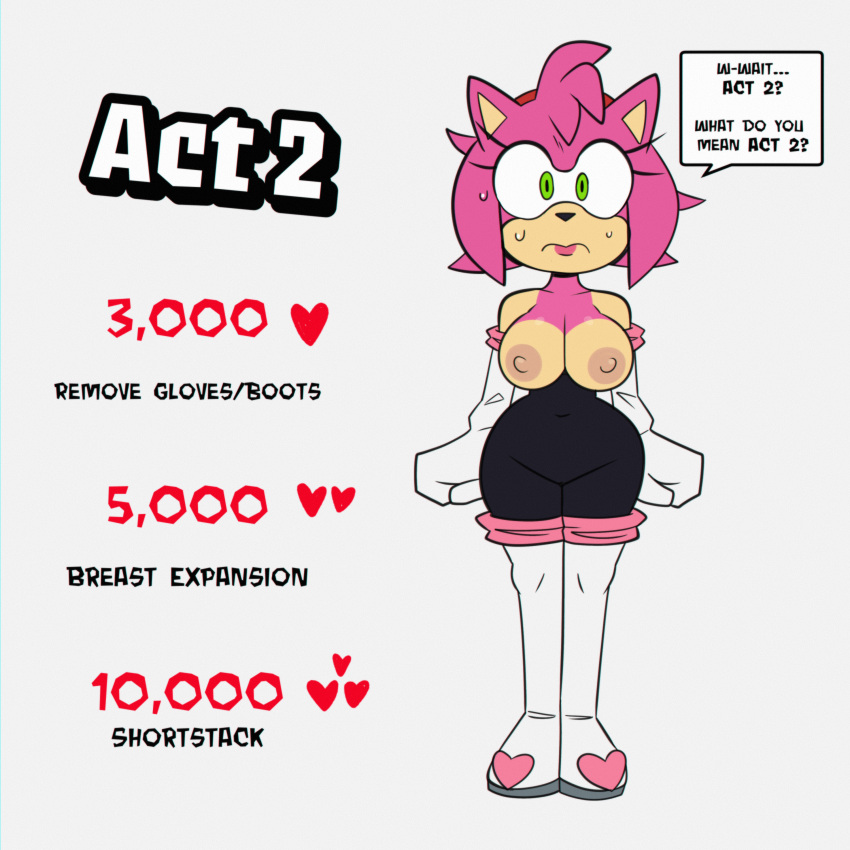 absurd_res amy_rose anthro bodily_fluids bodysuit clothed clothing cosplay eulipotyphlan female frown hedgehog hi_res mammal monamania rouge_the_bat sega simple_background skinsuit solo sonic_the_hedgehog_(series) strip_meme sweat tight_clothing topless white_background