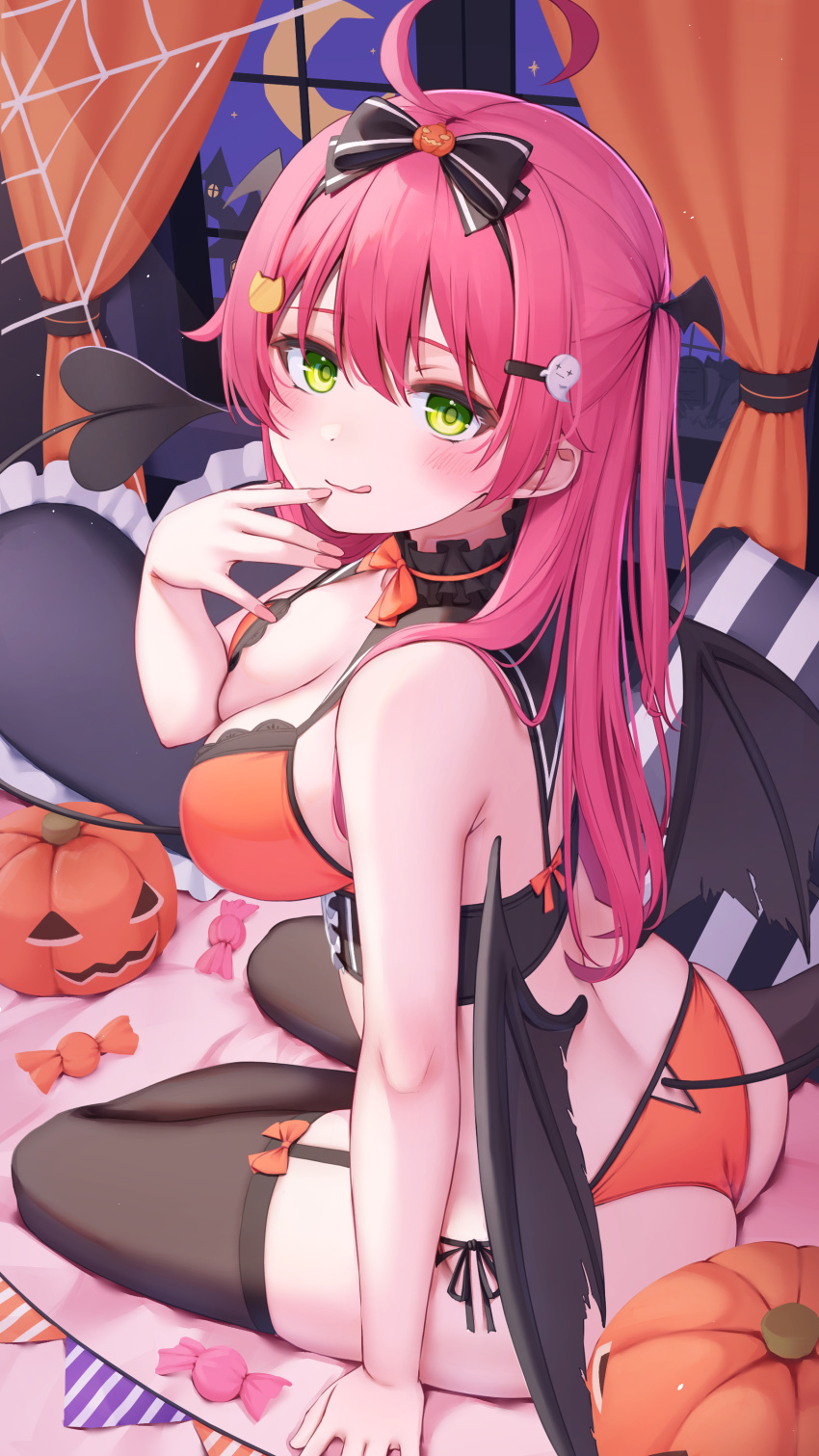 1girl :q absurdres ahoge ass bikini black_thighhighs bow bowtie breasts candy candy_wrapper cat_hair_ornament cleavage corset demon_tail demon_wings food ghost_hair_ornament green_eyes hair_bow hair_ornament halloween highres hololive jack-o'-lantern large_breasts night nyan_(reinyan_007) orange_bikini orange_bow orange_bowtie pink_hair pumpkin sakura_miko silk sitting solo spider_web swimsuit tail thighhighs tongue tongue_out virtual_youtuber window wings yokozuwari