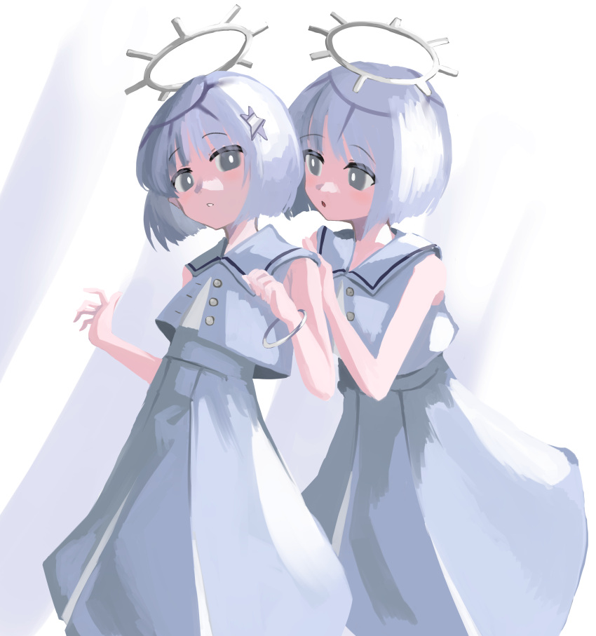 2girls absurdres behind_another blunt_ends bob_cut bright_pupils coeiroink commentary cropped_shirt dress feet_out_of_frame grey_dress grey_eyes grey_hair grey_sailor_collar grey_shirt hair_ornament halo hand_on_another's_shoulder hand_up hands_up highres hino_(mkmkobk) looking_at_viewer multiple_girls nako_(coeiroink) open_mouth parted_lips reco_(coeiroink) sailor_collar shirt short_hair siblings sleeveless sleeveless_dress sleeveless_shirt star_(symbol) star_hair_ornament twins white_pupils