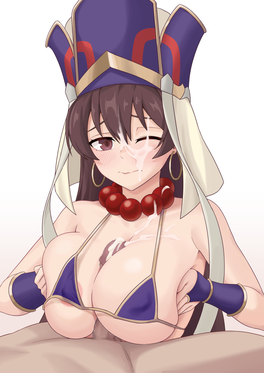 1boy 1girl absurdres after_paizuri areola_slip bead_necklace beads bikini blush breasts breasts_squeezed_together brown_eyes brown_hair censored closed_mouth covered_nipples cum cum_on_body cum_on_breasts cum_on_hair earrings facial fate/grand_order fate_(series) fingerless_gloves gloves hat hetero highres hoop_earrings jewelry large_breasts liu_han looking_at_viewer micro_bikini mosaic_censoring necklace one_eye_closed paizuri penis prayer_beads purple_bikini raised_eyebrows swimsuit variant_set wavy_mouth xuangzang_sanzang_(fate)