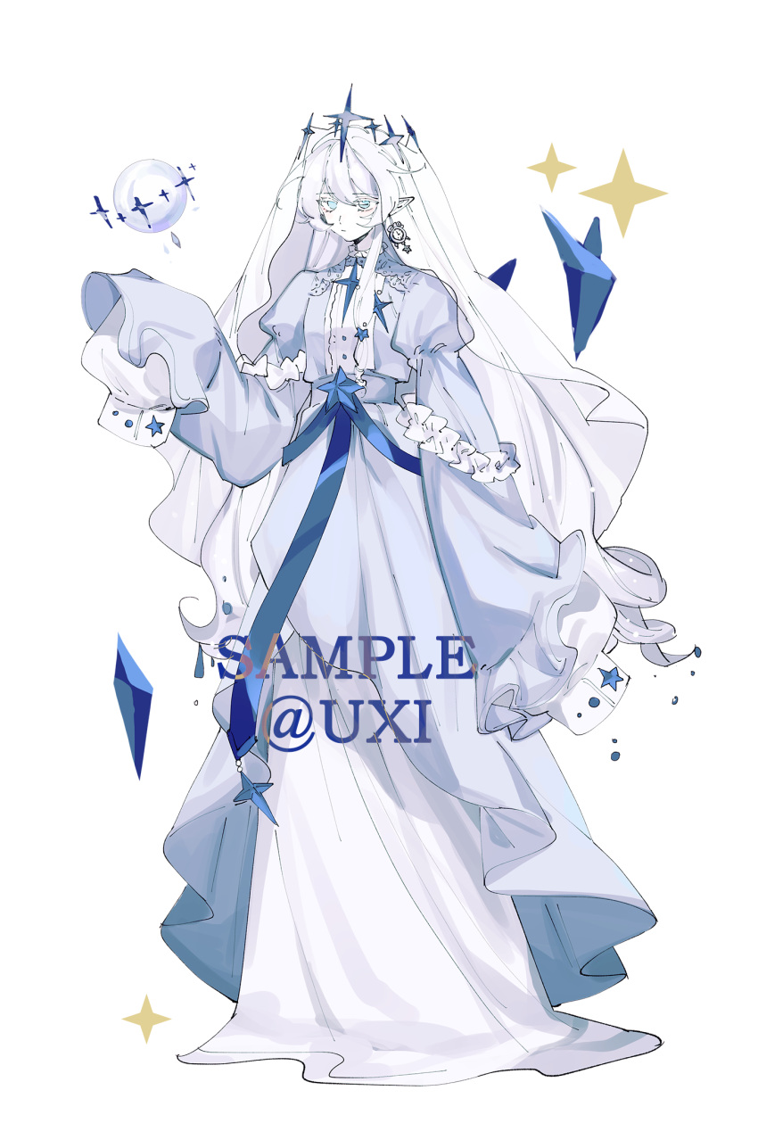 1girl asphyxia17 blue_dress blue_eyes blue_ribbon clock closed_mouth commentary_request crystal dress expressionless frilled_dress frilled_garter frills full_body hand_up highres juliet_sleeves layered_dress layered_sleeves long_hair long_sleeves object_request original pointy_ears puffy_sleeves ribbon sample_watermark single_sidelock sleeve_garter sleeves_past_fingers sleeves_past_wrists solo sparkle_hair_ornament star_ornament telekinesis twitter_username very_long_hair white_background white_dress white_hair white_veil
